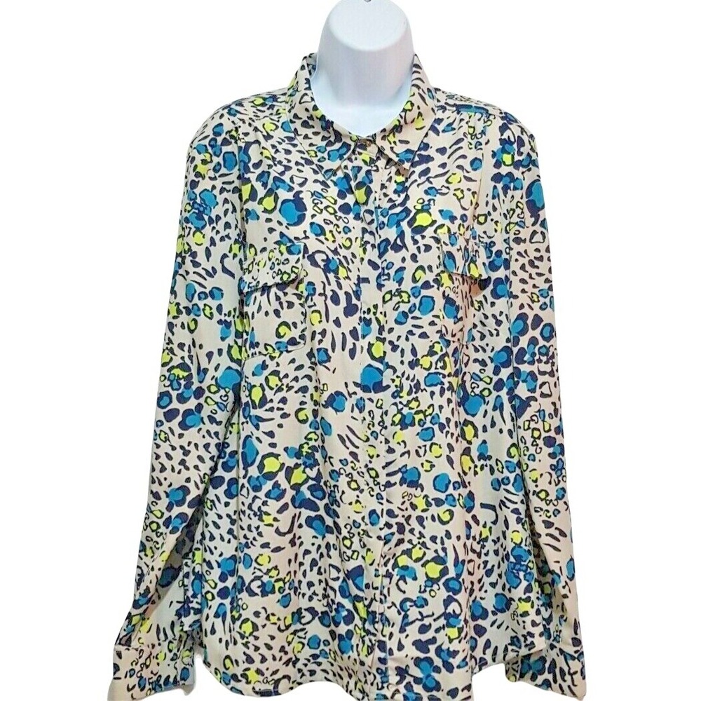 Attention Women's Blouse XL Long Sleeve Button Front Animal Print Covered Button